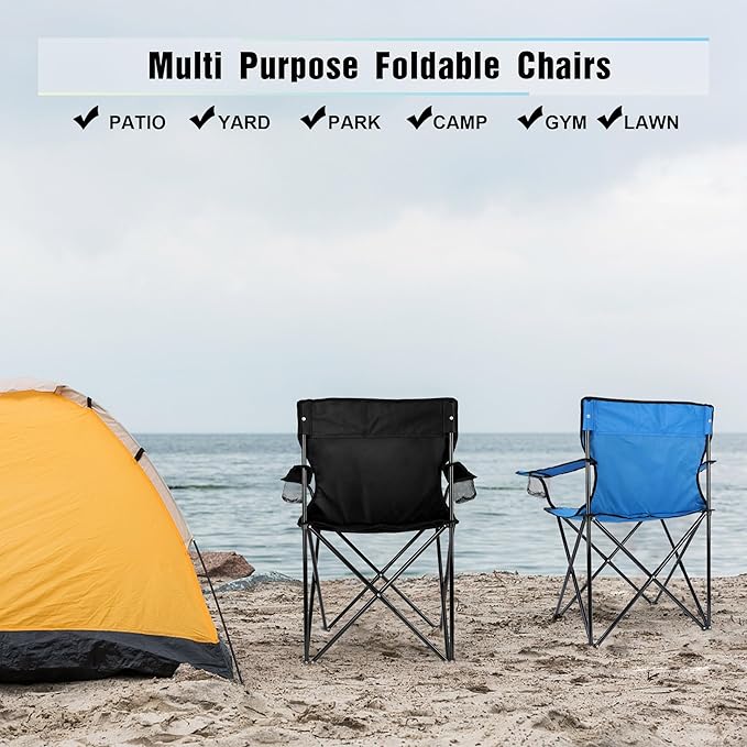 Foldable Camping Chair Set of 2 HaSteeL Folding Camp Chairs &amp Carrying Bags for Adults Portable for Lawn Outdoors Fishing Hiking Travel Picnic Beach Oversized &amp Supports 275lbs (Black