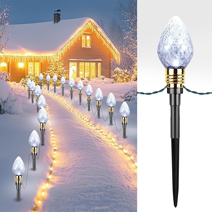Brightown 2 Pack Strawberry C9 Christmas Pathway Lights Outdoor Total 34.8 Ft 20 C9 Pathway Lights Waterproof Connectable Christmas Walkway Light for Yard Ground Sidewalk Driveway Pure White