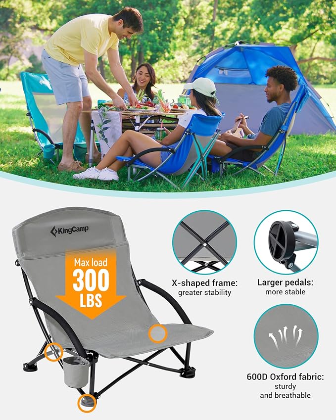 KingCamp Low Beach Chair High Back Folding Camping Chair for Adults Oversized Breathable Mesh Seat 300lbs Heavy Duty Portable Chair with Cup Holder &amp Storage Pockets for Beach Outdoor