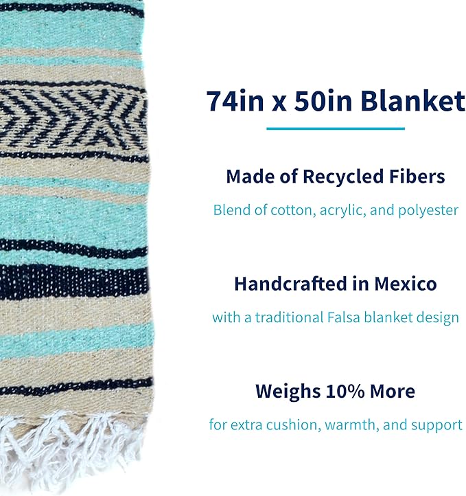 La Montana Mexican Blankets and Throws 4 Pack 74x50 - Made in Mexico Lightweight Yoga Blanket for Schools Studios Outdoors Camping Picnic Decor - Machine Washable Mint/Tan/Navy