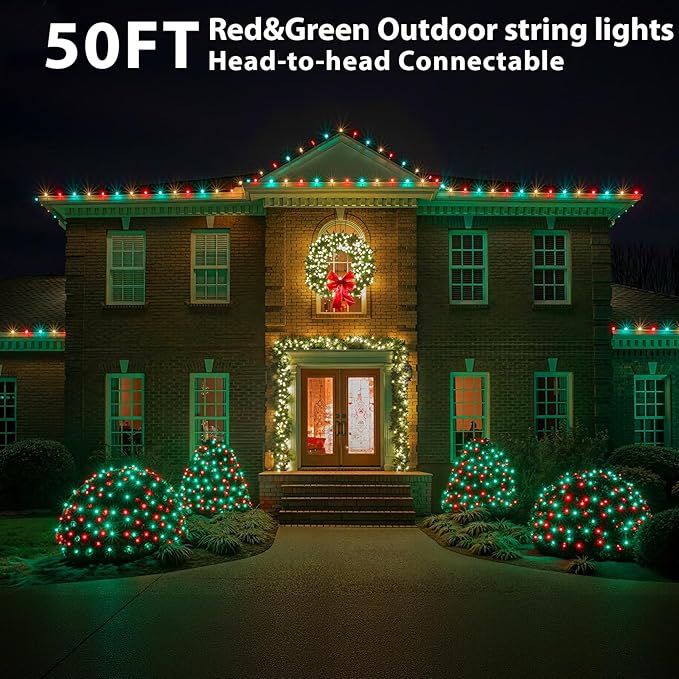 100 LED 50Ft Globe Christmas Lights Outdoor Round G30 Christmas Small Balls Lights Connectable Waterproof for Patio Backyard Eaves Tree Porch Indoor Outdoor (Red and Green)
