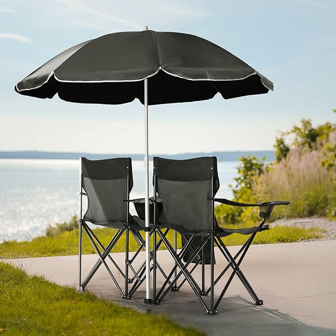 2-Seat Folding Camping Chair w/Removable Sun Umbrella Portable Outdoor Chair for Fishing Sunbathing and Camping Durable Steel Frame and Oxford Fabric Includes Carrying Bag Load 180 LBS Per Seat