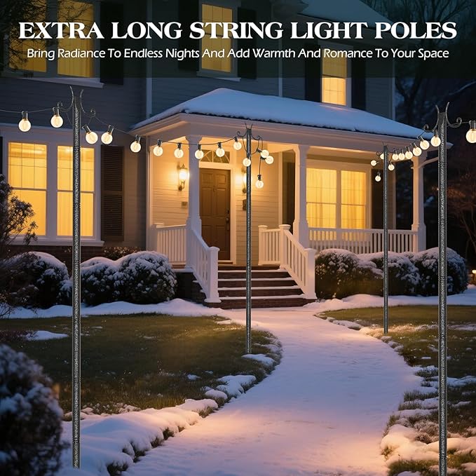 4 Pack String Light Poles Metal Lights Hanging Pole with 2 Hooks and Rustproof for Yard Patio Decor Camping Sun Shades Outdoor Outside Decor