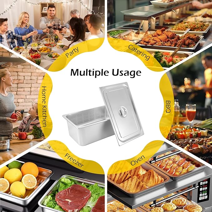 Dyna-Living 3 Pack Full Size 6 Inch 8 Inch Hotel Pan Perforated Steam Table Pans with Lid Stainless Steel Chafing Dish Pans Commercial Food Pan for Catering Buffet Hotel Home Restaurant Supplies