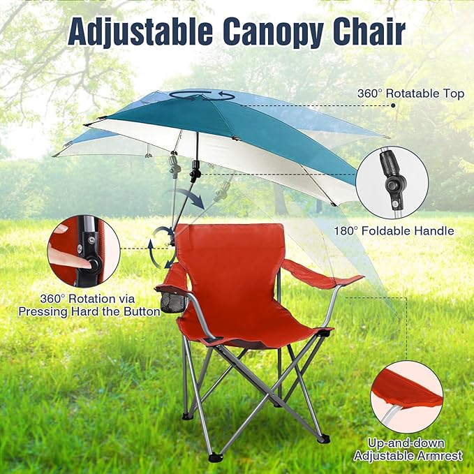 Foldable Beach Chair with Shade Canopy Camping Chair with Cup Holder and Carry Bag for Outdoor Camping Hiking Beach Picnic 220.5LBS (Red)