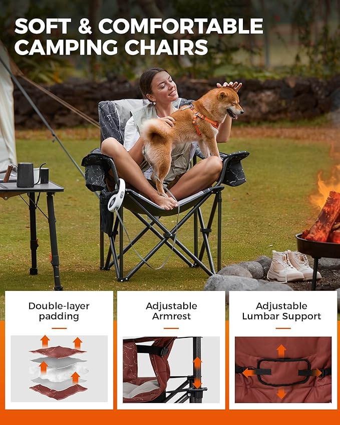 KingCamp Oversized Camping Folding Chair Heavy Duty 450 LBS with Lumbar Support Padded seat with Cup Holder&ampCooler Bag Ideal for Camp Fishing Sports Event Backyard Patio Lawn