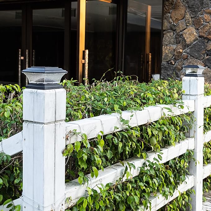 HUYIENO Solar Post Cap Lights - Outdoor LED Deck Fence Cap Light 9 Light Modes Bright White/7 Color Fixed &amp Cycling Modes Suitable for 4x4 &amp 5x5 Wooden Posts Black 4pk
