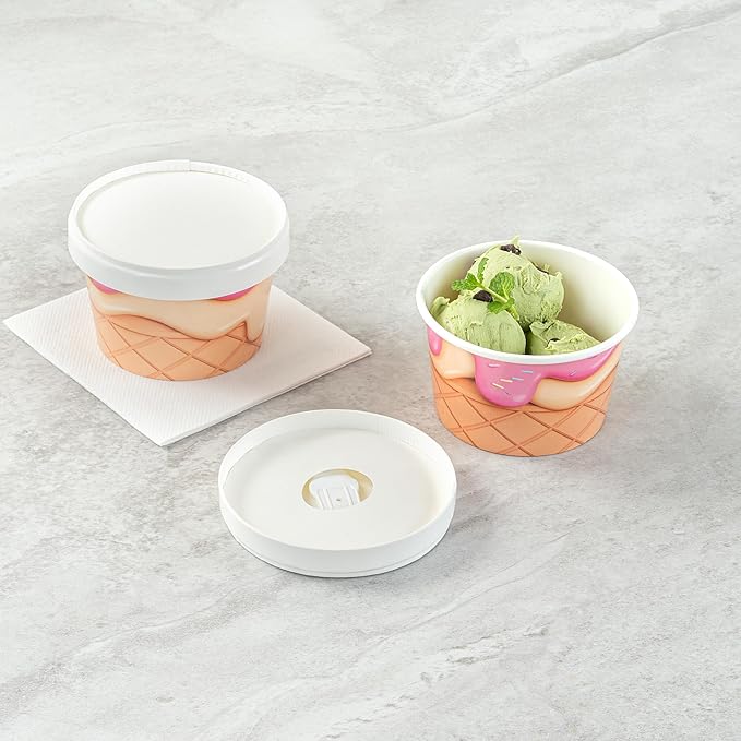Restaurantware LIDS ONLY: Coppetta 3.82 x 0.63 Inch To Go Cup Lids 200 Durable Ice Cream Cup Lid - With Plastic Spoon For Hot &amp Cold Foods White Paper Disposable Lid For Dessert Cups