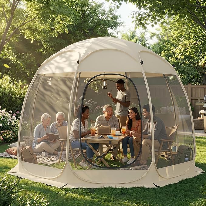 TABU Pop Up Screen House Tent 12x12 FT Screen Room Canopy with Mosquito Mesh Instant UV Resistant Shelter with Carry Bag for 8-10 Person Beige
