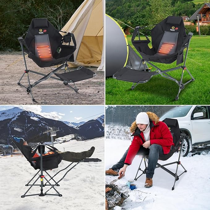 Nice C Heated Hammock Camping Chair with Footrest Heated Camping Chair with Battery Rocking Swing Chairs Hammock Chairs with Stand Heavy Duty (1 Heat Black W/Footrest)