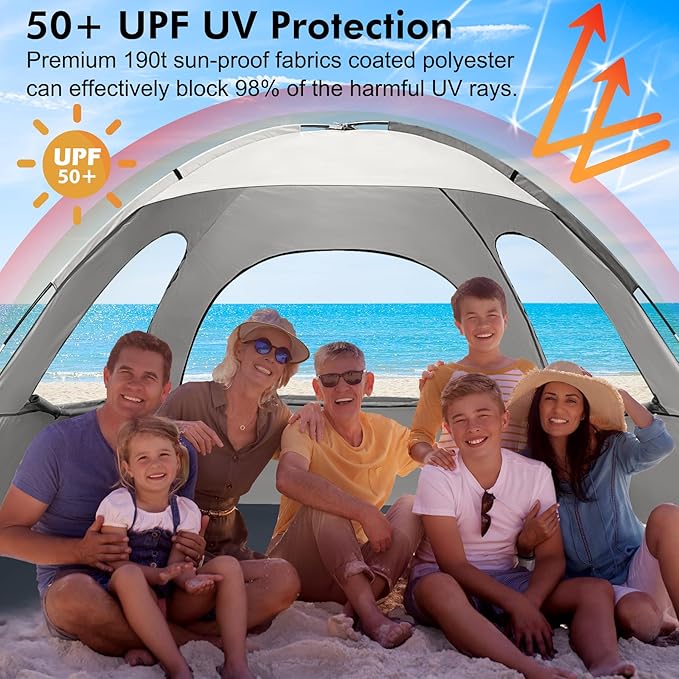 WhiteFang Beach Tent Anti-UV Portable Sun Shade Shelter for 3/4/6/8 Person Extendable Floor with 3 Ventilating Mesh Windows Plus Carrying Bag Stakes and Guy Lines