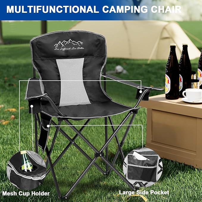 2PCS Collapsible Folding Camping Chairs Heavy Duty Lawn Foldable Chair with Cooler Bag Storage Pocket Waterproof Bag Outdoor Arm Sport Chair Supports 325LBS Black