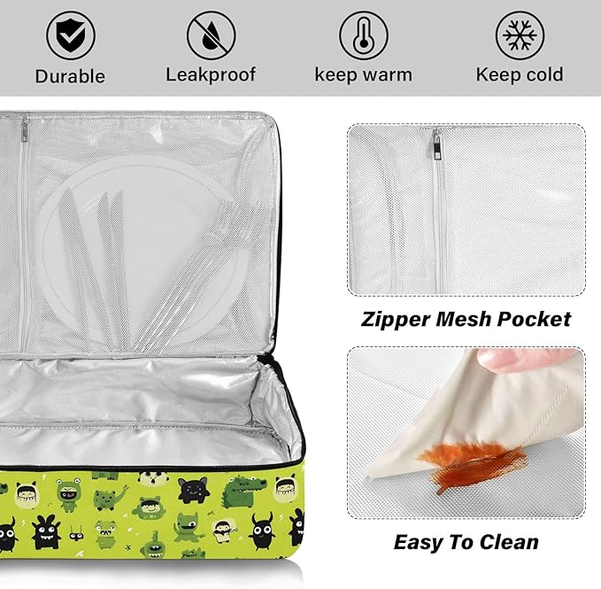 Casserole Carrier Green DinosaursInsulated Casserole Carrier for Hot or Cold Food Thermal Lunch Tote for Potluck Parties Picnic Beach Fits 9 x 13 Inches Baking Dish