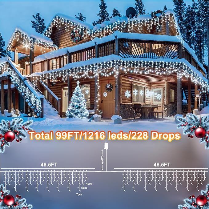 KNONEW 99FT 1216 LED Christmas Lights Outdoor Decorations 8 Modes White Curtain String Light with 228 Drops Clear Wire LED String Light Indoor Decor for Wedding Party Holiday Christmas