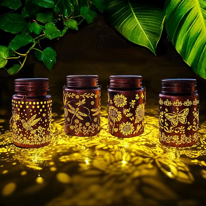 4pack Solar Outdoor Mason Lanterns Hummingbird Butterfly Dragonfly Sunflower Garden Decor LED Light Hanging Waterproof Metal Lanterns for Patio Pathway Yard (Art Deco 4pack)