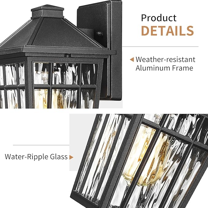 Darkaway Outdoor Wall Lights for House Exterior Lighting Fixtures Wall Mount Porch Lights Waterproof Outdoor Sconce Lights with Water Ripple Glass for Patio Hallway Garage