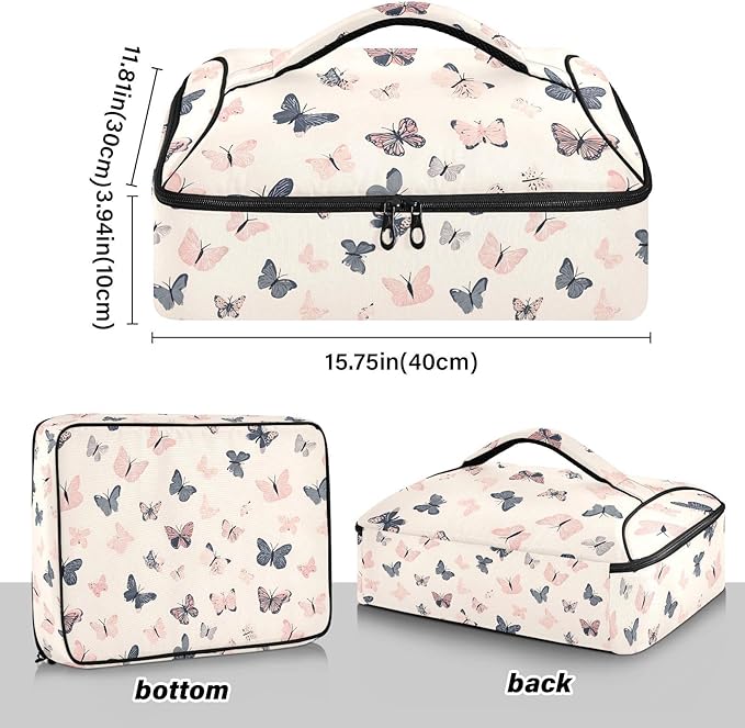 Casserole Carrier Pattern Pink ButterfliesInsulated Casserole Carrier for Hot or Cold Food Thermal Lunch Tote for Potluck Parties Picnic Beach Fits 9 x 13 Inches Baking Dish