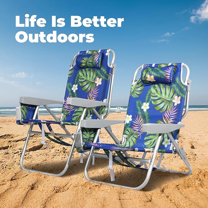 Tall Beach Chairs for Adults – 5-Position Reclining Backpack Chair with Large Insulated Cooler &amp Storage Pocket Aluminum Frame Portable for Travel &amp Outdoor Supports 300lbs Tropical Palm