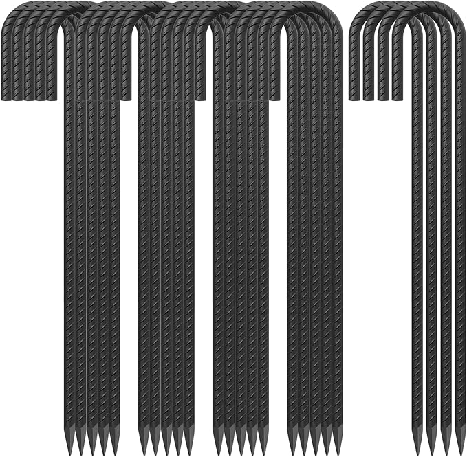 24 Pack J Hook Rebar Stakes 24 Inch 3/8 Inch Diameter Metal Stakes for Ground Heavy Duty with Chisel Point End Chain Link Fence Stakes for Swing Set Gazebo and Bounce House Black
