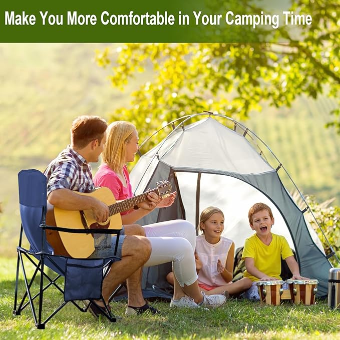 Folding Camping Collapsible Chairs Heavy Duty Lawn Chair with Cooler Bag Storage Pocket Waterproof Bag Outdoor Arm Chair Supports 225LBS Cyan