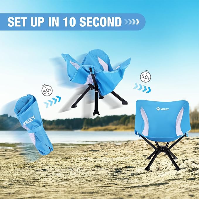 VILLEY Portable Folding Chair Lightweight Camping Chair No Assembly Needed Quick Setup for Beach Hiking Supports 330 LBS Blue