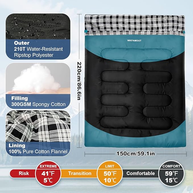 Double Sleeping Bag for Adults Machine Washable 2 Person Camping Sleeping Bag Queen Size Waterproof with Compression Sack for Cold Weather 3-4 Seasons