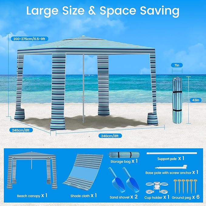 MoKo Beach Cabana 8'×8' Large Beach Canopy with Side Wall UPF 50+ Protection Easy Setup Beach Tent Sun Shelter Adjustable Height Wind Resistant Cabana Beach Tent for Whole Family Blue-Green Stripe