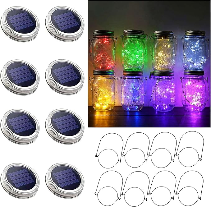 30LED Solar Mason Jar Lights 8 Pack Jar Lid String Lights (No Jars) Waterproof Fairy Firefly Light for Garden Patio Outdoor Yard Lawn Decor(8 Colors)