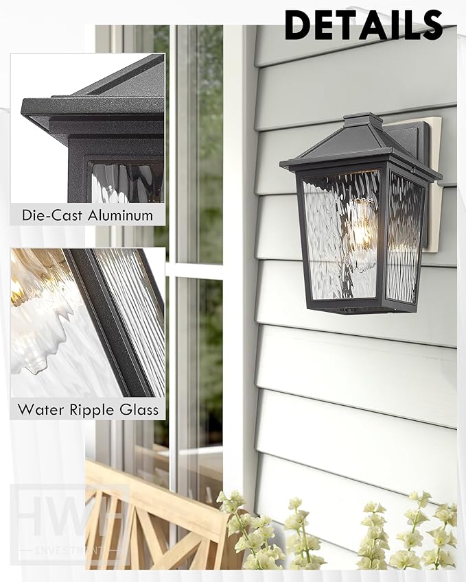 Outdoor Wall Sconce 2 Pack HWH Exterior Wall Lighting Fixtures with Water Ripple Glass Industrial Outdoor Porch Lights Wall Mounted for House Patio Matte Black 5HX64B-2PK-SW BK