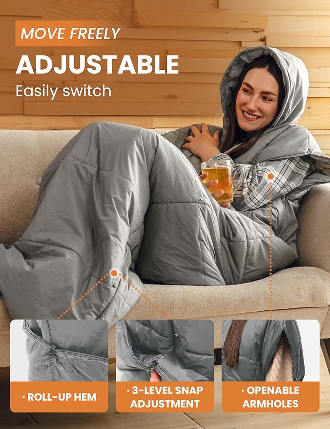 Adult Wearable Sleeping Bag with Hoodie Sleeveless Design Adjustable Drawstring Waterproof Wearable Sleeping Bag Ideal for Camping Cold Weather