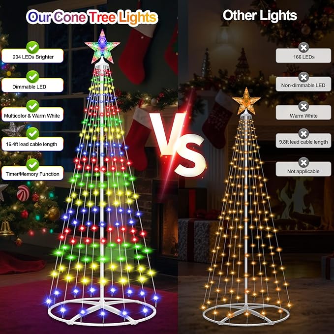 Forlivese 5FT Prelit Christmas Cone Tree Lights 204 LED Small Lighted Christmas Tree Light with Remote Timer 11 Modes Outdoor Christmas Tree for Yard Garden Decoration Multicolor &amp Warm White