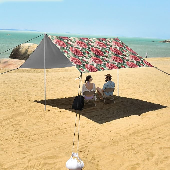 ALAZA Red Rose Flowers Painting Beach Tent Sun Shelter UPF50+ Protection Beach Shade Canopy w/ 4 Sandbags for Outdoor Camping Fishing Backyard Fun Picnic 10x9 ft