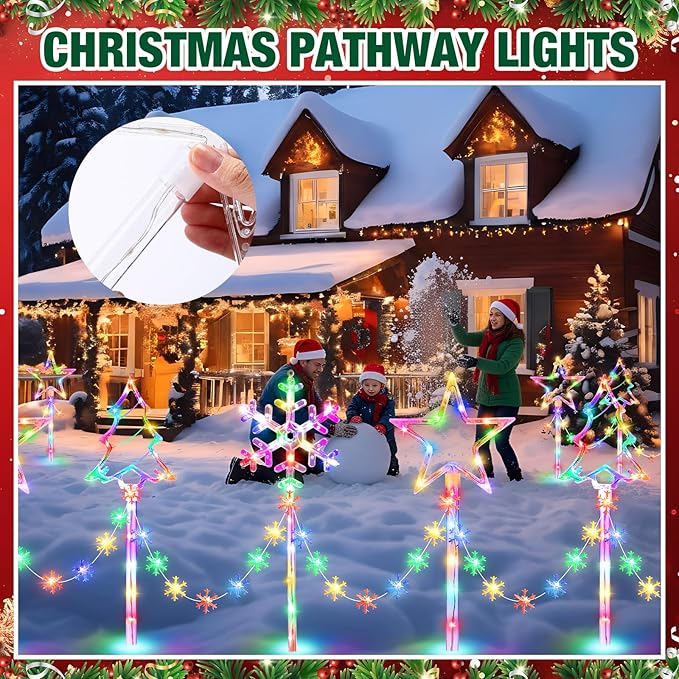 12 Pack Outdoor Snowflake Walkway Lights Plug in Christmas Pathway Lights 8 Modes Xmas Waterproof LED Garden Stake Light for Walkway Porch Yard Lawn(Multicolor)