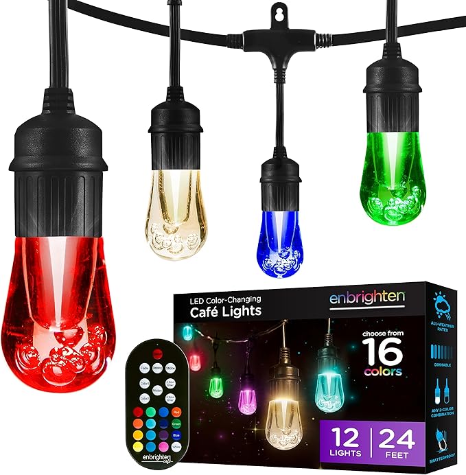 Enbrighten Vintage Outdoor String Lights 24ft 12 RGB Acrylic Bulbs Weatherproof RF Remote Control Perfect for Holidays Gameday Parties and More 37791