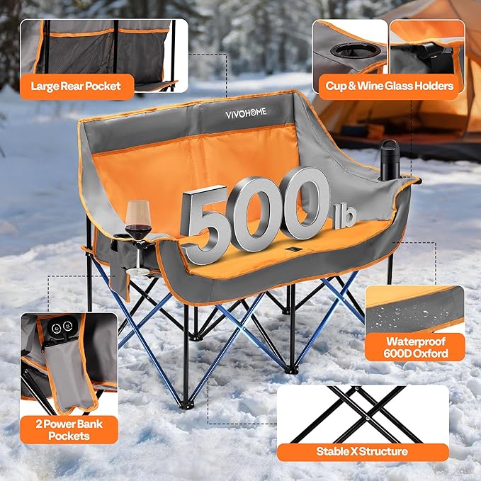 VIVOHOME 45W Padded Heating Double Camping Chair with 2 x 27000mAh Power Bank Heated Oversized Portable Loveseat for Outdoor Sports 3 Levels of Heat Overheat Protection System Orange and Gray