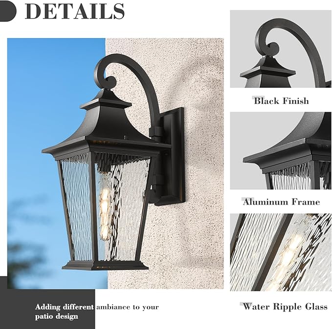 Emliviar 25 Inch Exterior Lighting Fixture Black Outside Lights for House Outdoor Wall Lantern with Water Ripple Glass XE220B-SW BK