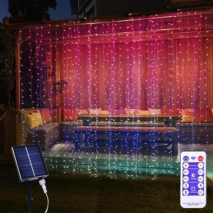 300 LED Solar Curtain Lights Outdoor Indoor Solar Christmas Lights Fairy Window Waterproof Twinkle 8 Modes Christmas Decoration for Home Patio (Multi-Colored)