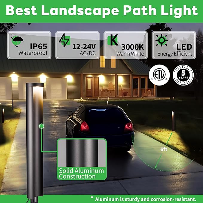Low Voltage Pathway Lights LED Landscape Path Lights Outdoor Waterproof IP65 Wired Black Aluminum 5W 200LM for Walkway Sidewalk 4 Pack