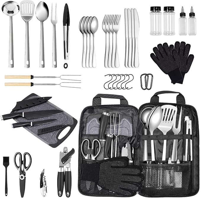 Camping Kitchen Utensil Set Outdoor Cooking Set Accessories Camping Cookware Kit for Travel RVs BBQs Stainless Steel Portable Camping Essentials Cooking Knife Set