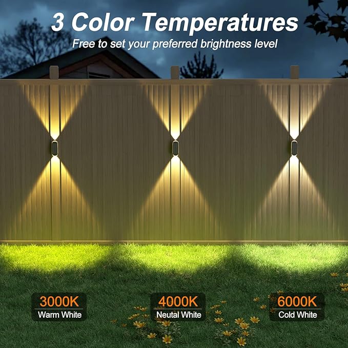 Ellasay 8 Pack Fence Lights Solar Powered Up and Down Focus LED Solar Wall Lights Outdoor IP67 Waterproof Solar Lights for Outside Patio BackyardPorchRailing3 Color Modes