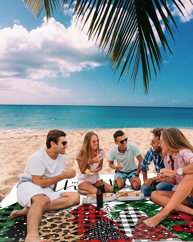 Beach Blanket Waterproof Sandproof Christmas Tree Classic Tartan Quick Drying Beach Mat with 4 Stakes Red Black Farmhouse Buffalo Plaid Lightweight Picnic Blanket for Travel Camping Outdoor 83x79