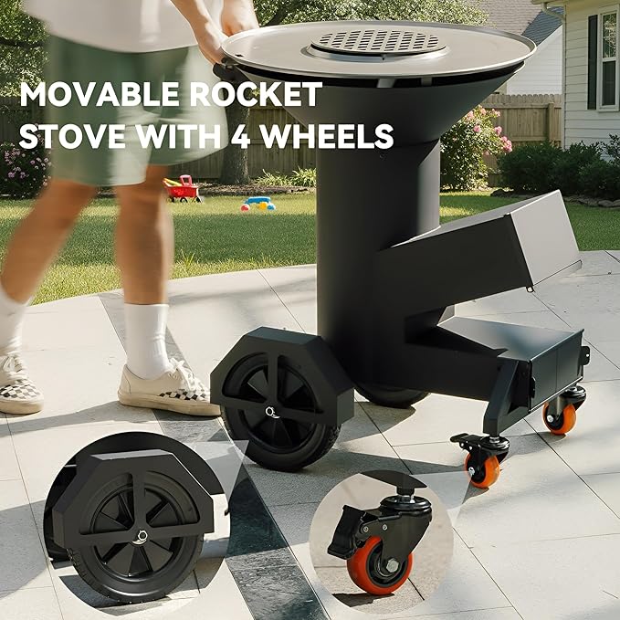 Heavy Duty Rocket Stove with Griddle Grate Wheels Ash Tool &amp Cover Large Wood Stove BBQ Grill for Patio Outdoor Cooking Backyard Camping Beach Tailgating 28x23x31in GS346
