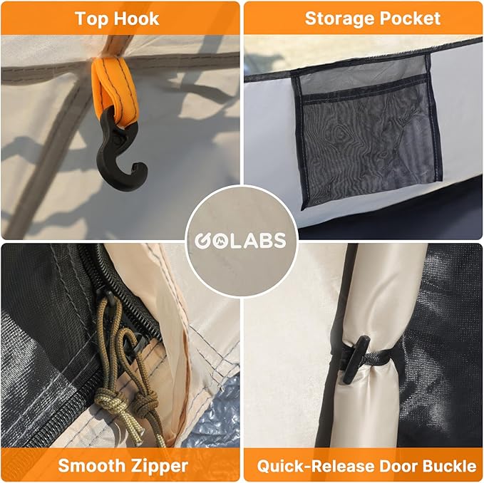 Golabs CT3 2 Person Instant Camping Tent 1-Minute Setup by Pre-Attached Pole 4 Side Mesh &amp Door Ventilation Lightweight 4.8lbs Portable Design with Carry Bag Inner Storage Pockets &amp Hooks