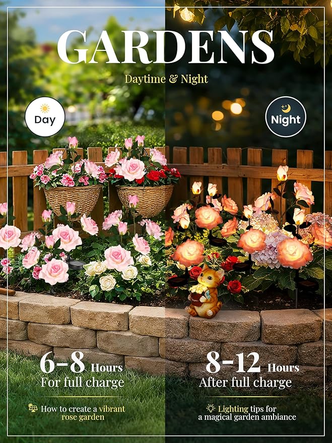GIGALUMI Solar Lights Outdoor for Garden Decor 3 Pack Solar Flower Lights Waterproof 2 Lighting Modes 9 Roses for PathwayYard Patio Decoration Gardening Gifts for Women (Pink)
