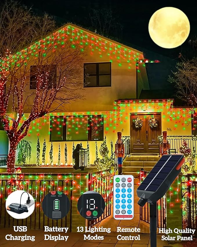 Solar Christmas Lights Outdoor 640LED 16Ft+60Ft Solar Icicle Lights Waterproof with 13 Modes Rechargeable for Outside Roof Fence Christmas Decorations