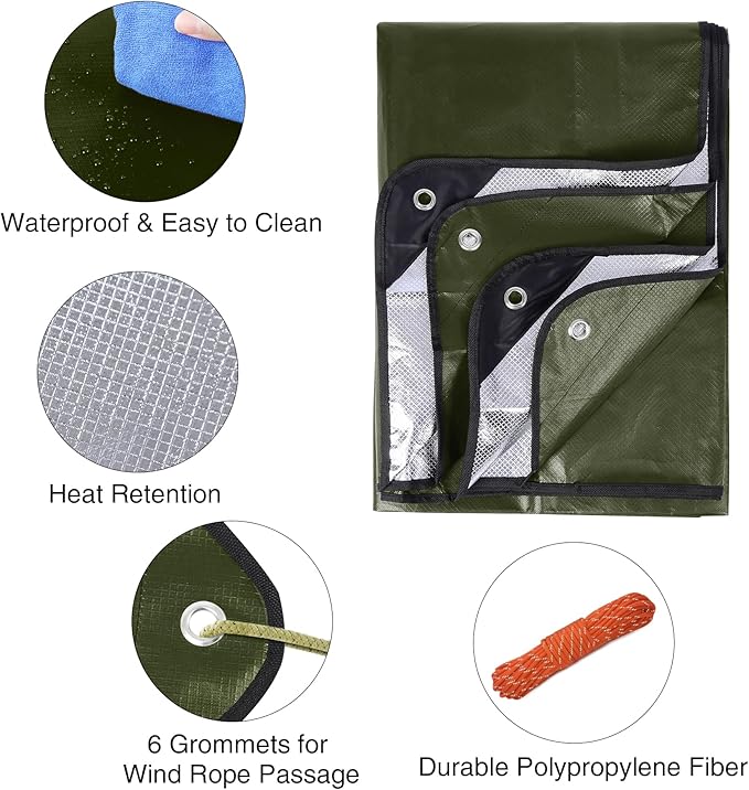 RedSwing 6 Pack Heavy Duty Waterproof Emergency Thermal Tarp Insulated Survival Blanket for Outdoor Camping Hiking and Emergency Shelter Green