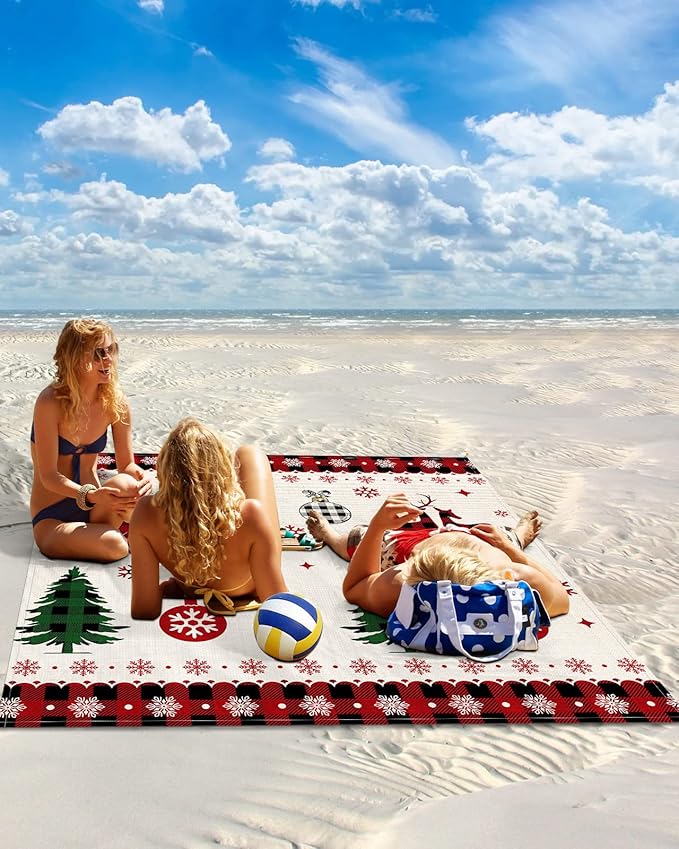 Beach Blanket Waterproof Sandproof Christmas Elk Snowflake Red Buffalo Plaid Quick Drying Beach Mat with 4 Stakes Xmas Tree Light Bulbs Retro Linen Lightweight Picnic Blanket for Travel 108x84