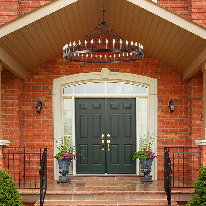 64 Inch Extra Large Black Wagon Wheel Chandelier 42-Light Farmhouse Wagon Wheel Chandeliers Round Industrial Ceiling Light fixtures for Outdoor Porch high Ceilings Living Dining Room Foyer Entryway