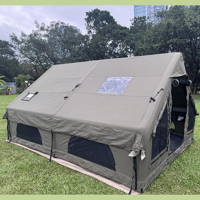 Large Luxury Inflatable Camping Tent Technology Cotton Canvas Tent for 4-6-8-10-12 People | Breathable and Waterproof Tent with Skylight and Stove Jack Suitable for Family Camping of 12 ㎡