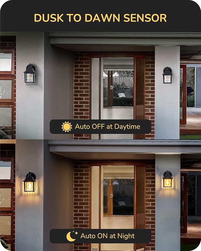 EDISHINE 2 Pack Outdoor Porch Light Dusk to Dawn Exterior Lighting Fixtures Modern Outdoor Wall Lights Fixture Clear Water Ripple Glass Anti-Rust Waterproof for Front Door Garage Patio Black
